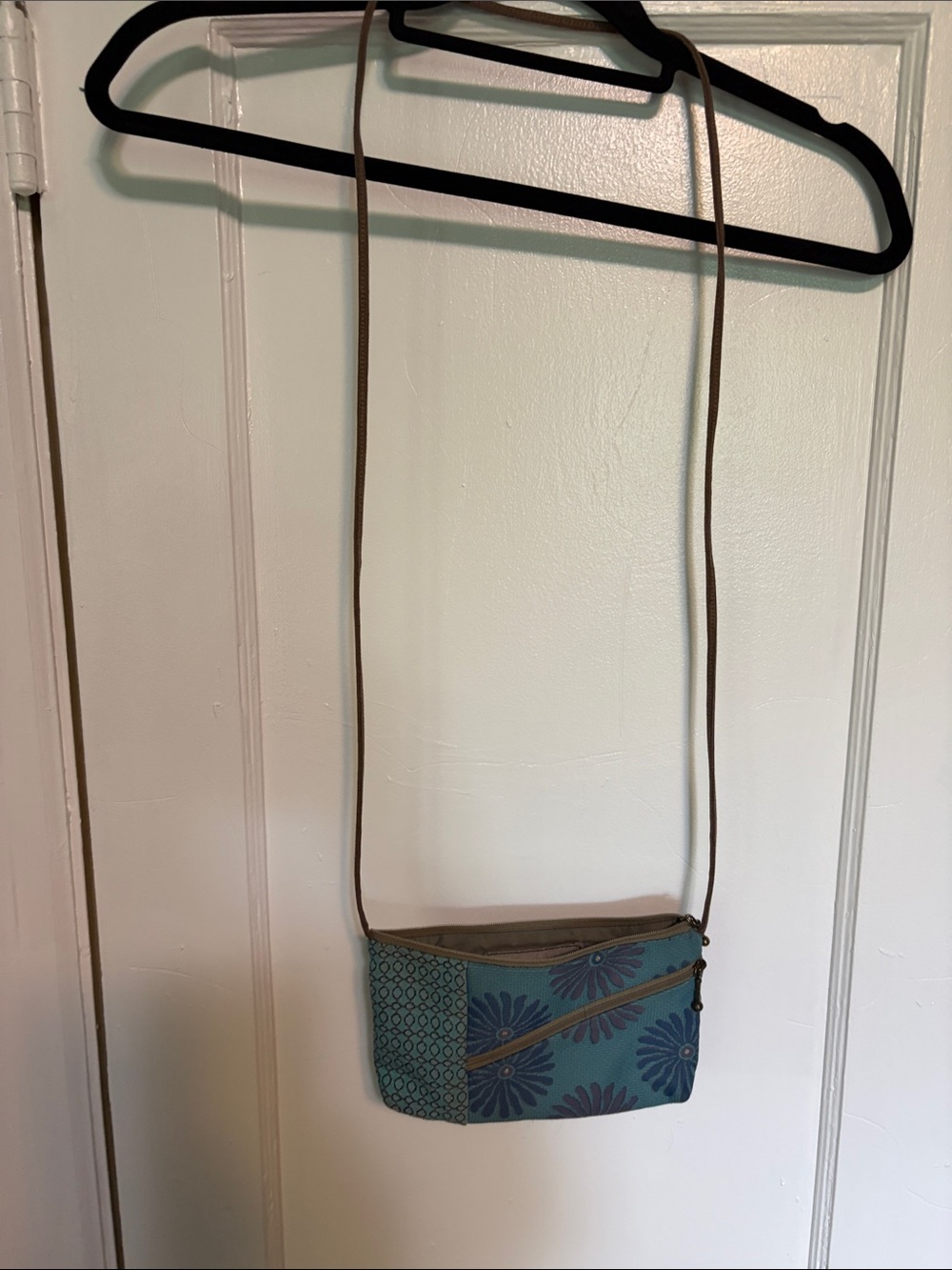 Blue and Purple Floral Crossbody Bag with Dual Zip Pockets